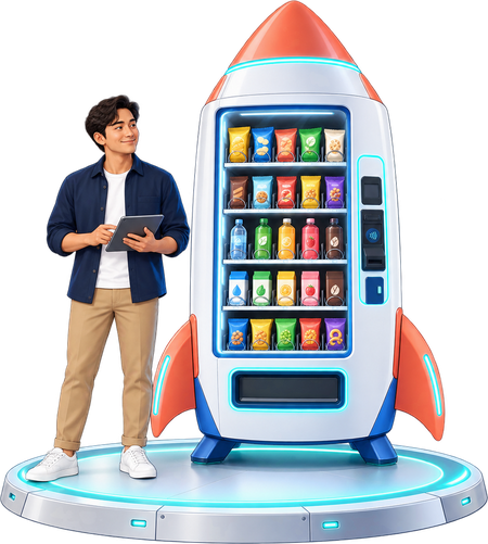 Seorang calon operator berdiri di samping vending machine berbentuk roket yang sudah selesai dipersiapkan di launch bay
